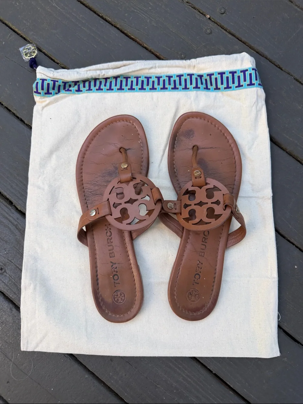 Tory Burch Brown Leather Logo Thong Sandals